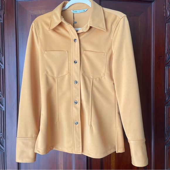 ZARA Fitted Knit Shirt in Large, Mustard Color with tortoise like tone buttons. - Picture 1 of 12